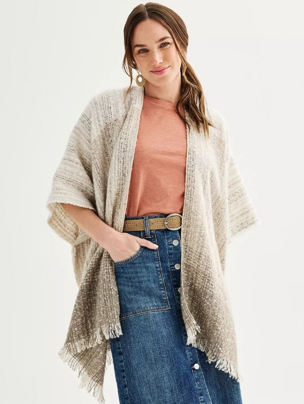 Cejon Ombre Boucle Ruana Sweater Ivory Brown Fringe Trim Open Front One Size OS